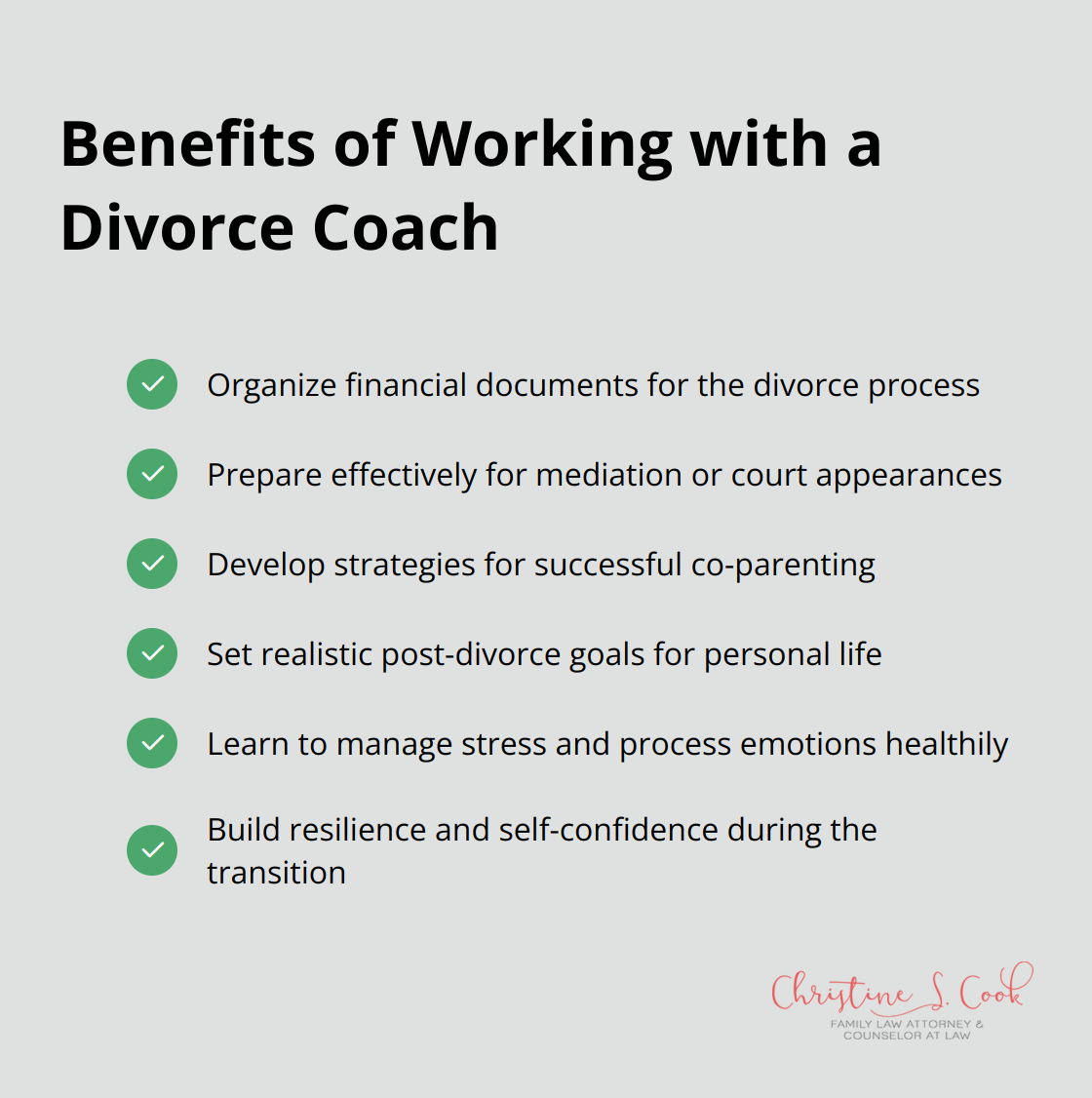 Checklist of practical benefits men can gain from working with a divorce coach during divorce