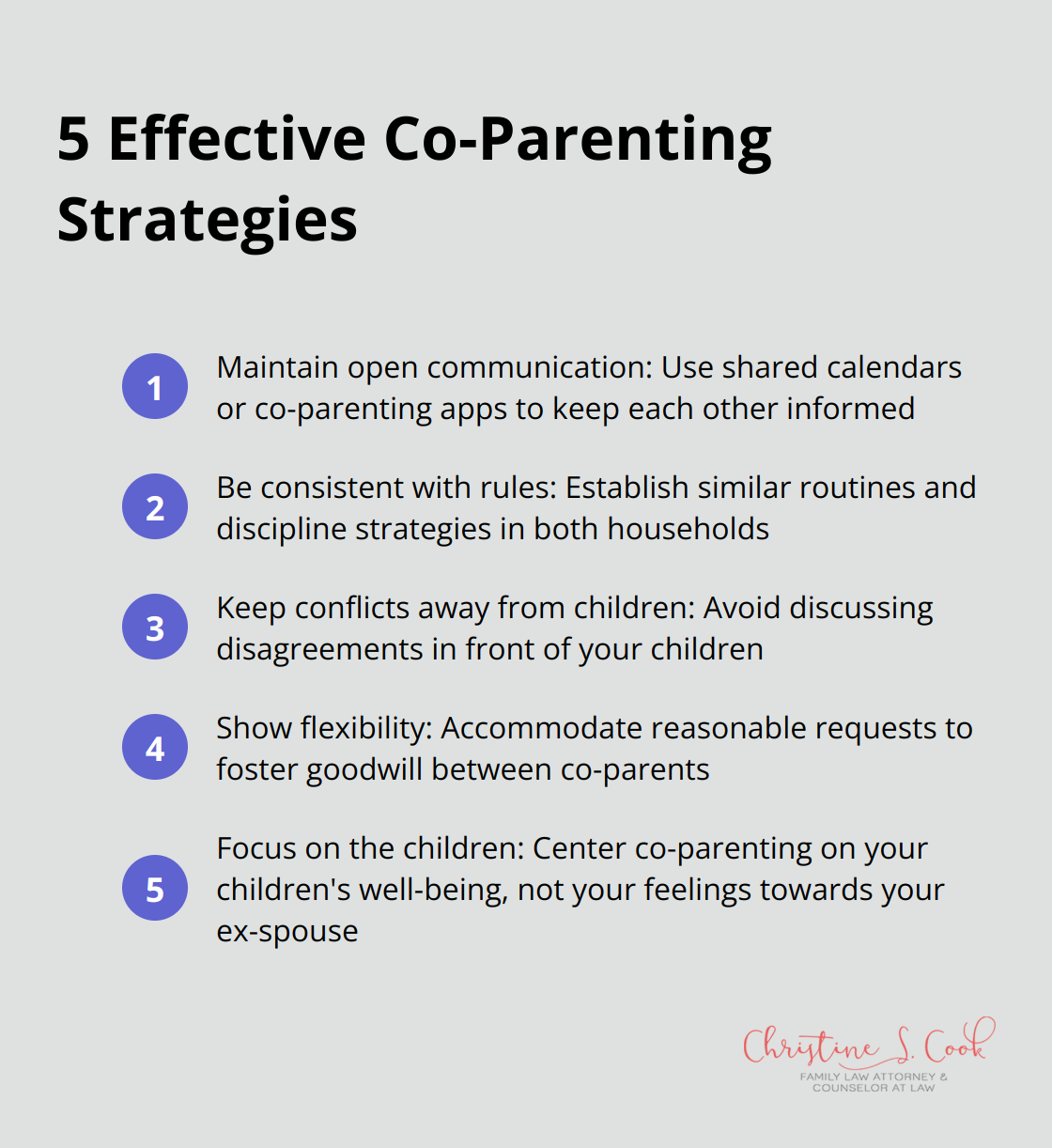 Ordered list of five effective co-parenting strategies: Maintain open communication, Be consistent with rules, Keep conflicts away from children, Show flexibility, and Focus on the children - divorce and support