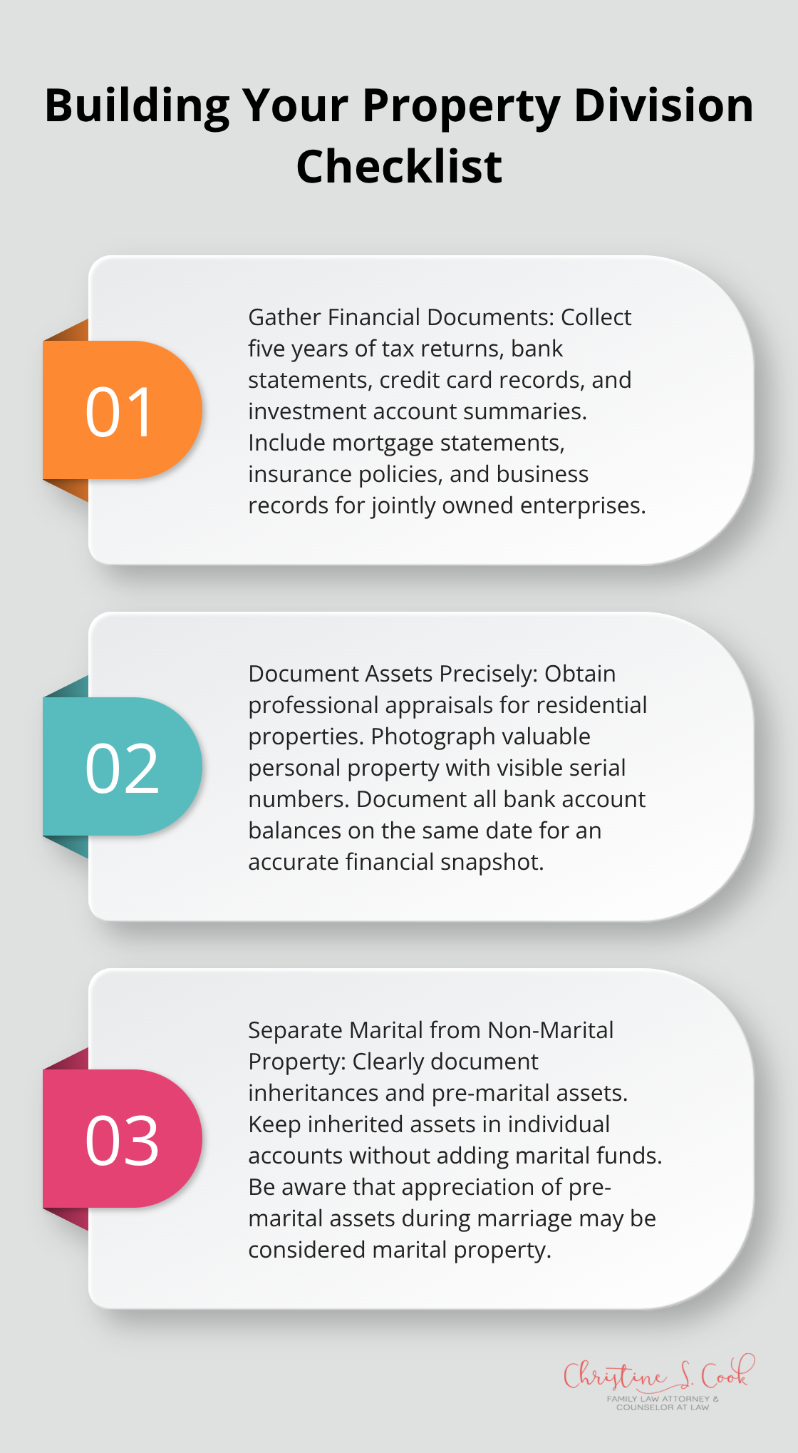 An ordered list chart showing three key steps to build a comprehensive property division checklist: Gather financial documents, document assets precisely, and separate marital from non-marital property.