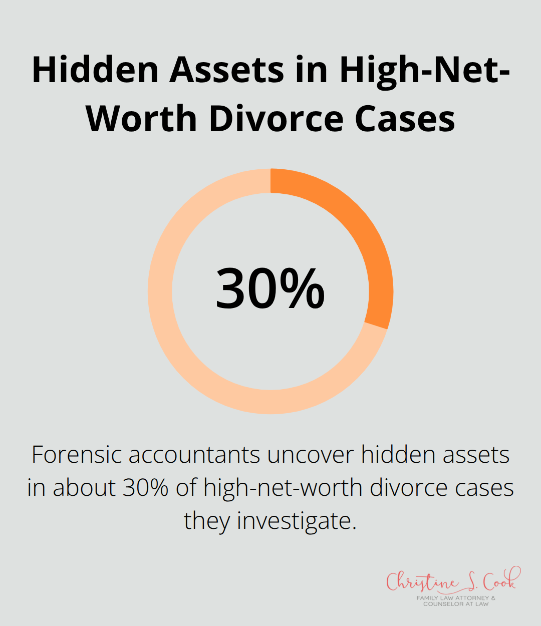 A percentage chart showing that forensic accountants find hidden assets in approximately 30% of high-net-worth divorce cases they investigate. - divorce property division checklist