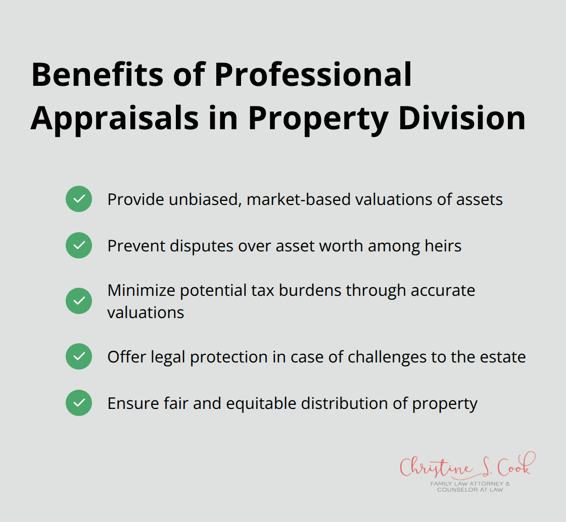 Checkmark list showing the benefits of professional appraisals in property division
