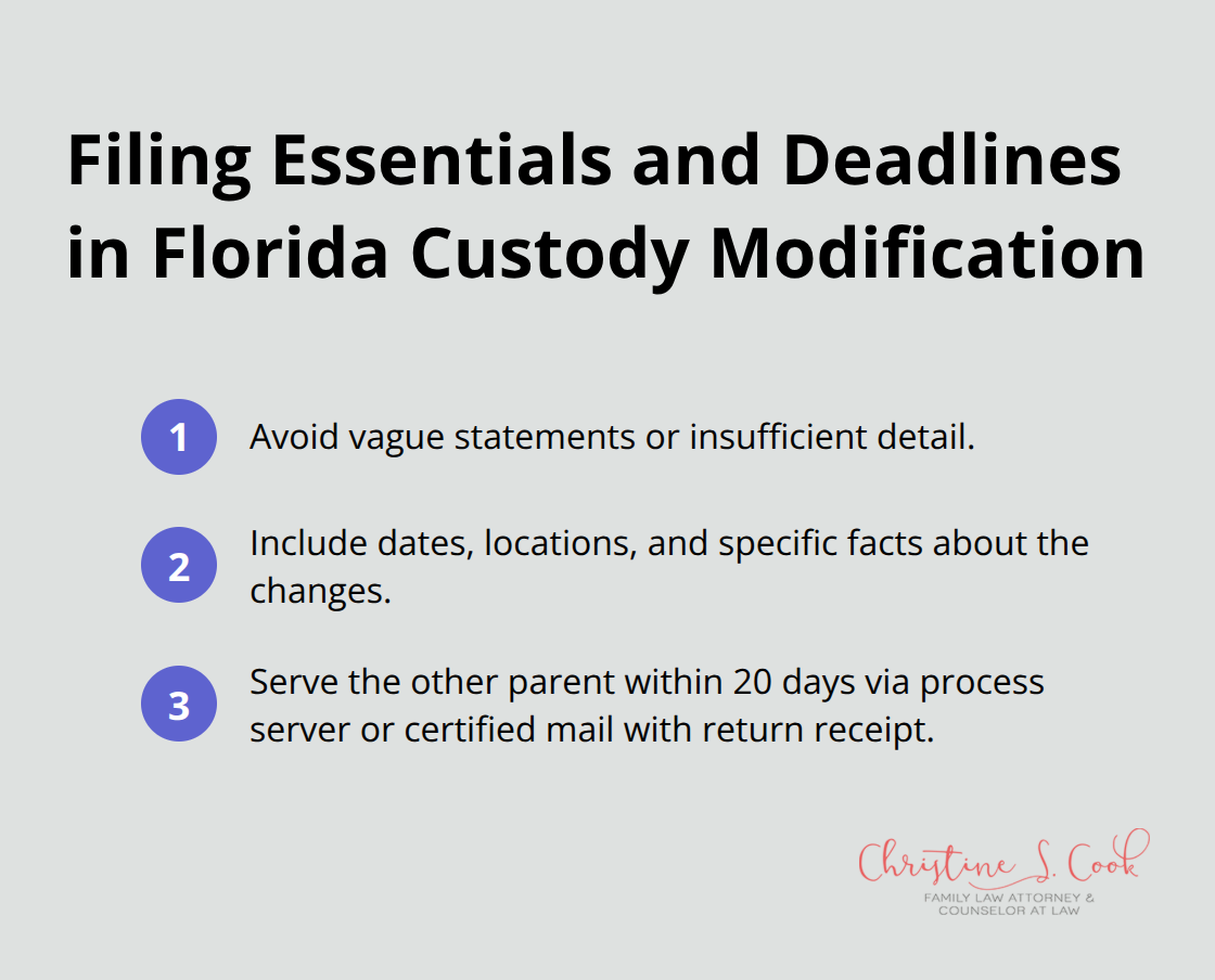 Compact checklist of key filing requirements and deadlines for Florida custody modification - modifying child custody agreement florida
