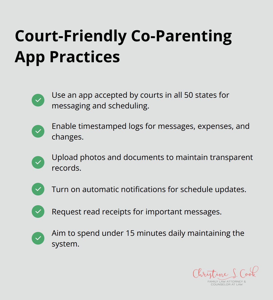 Checklist of co-parenting app practices that support evidence and clarity - co-parenting strategies