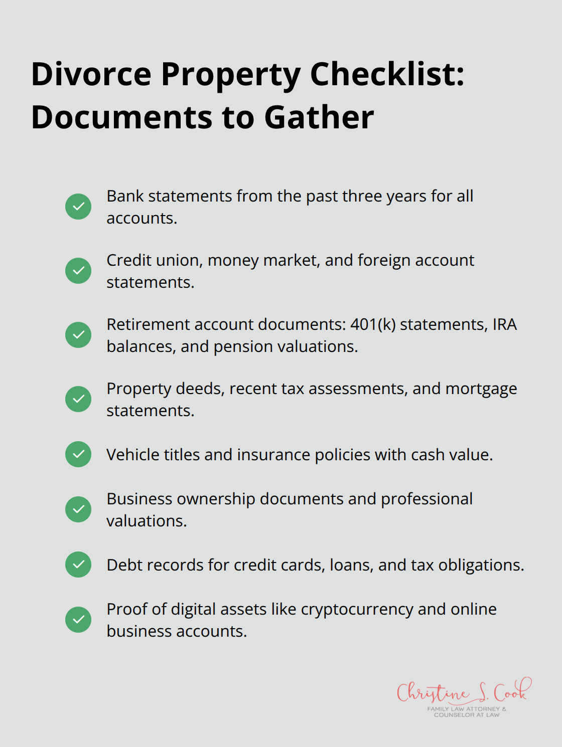 Checklist of documents to collect for a divorce property division spreadsheet in the United States.