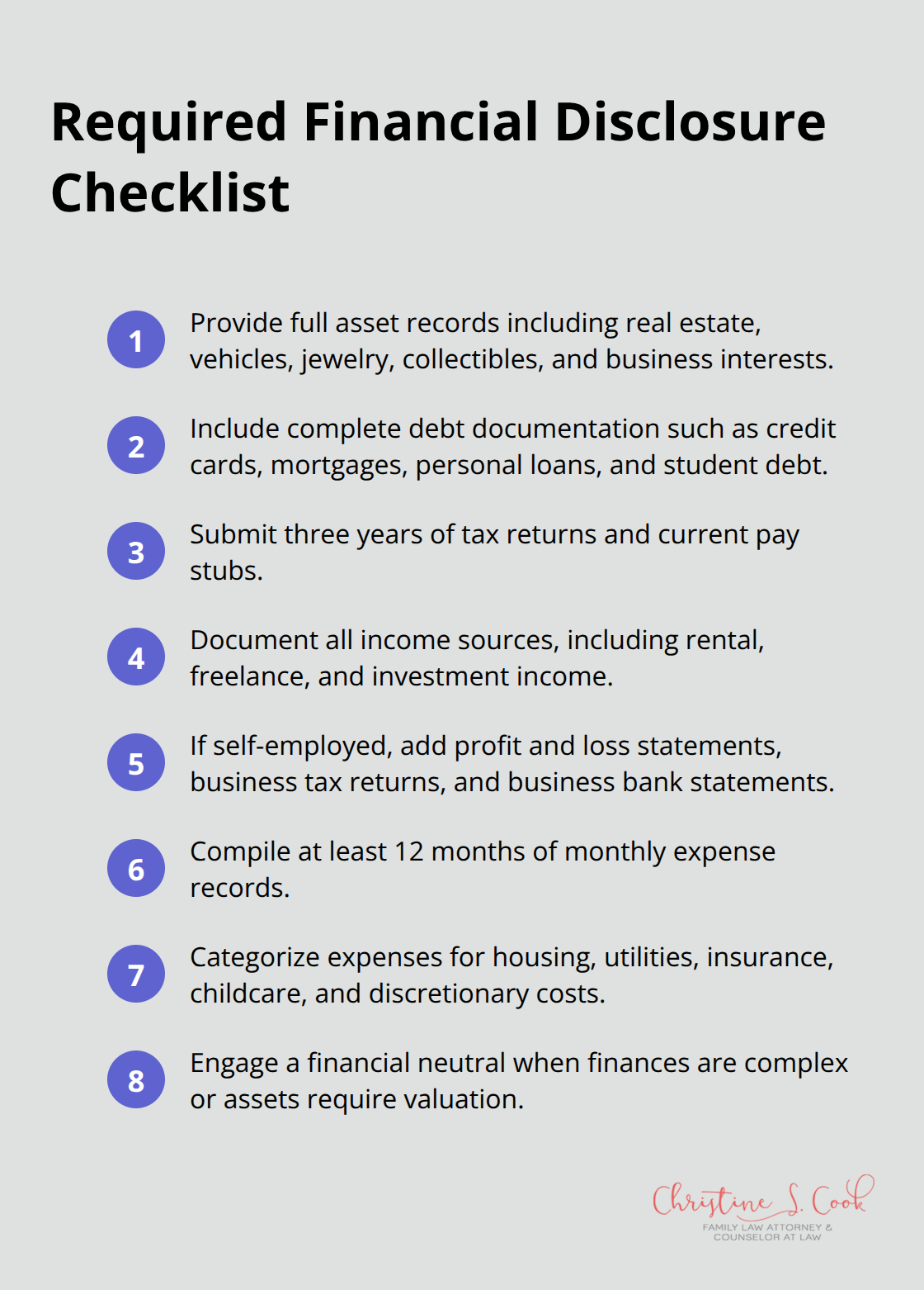 Compact checklist summarizing the key documents needed for collaborative divorce in the United States. - financial disclosure