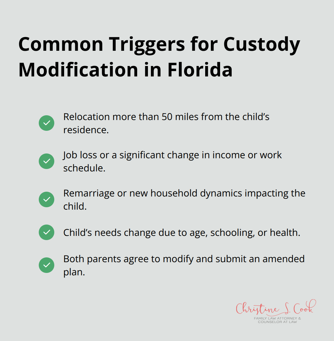 Checklist of typical reasons Florida courts consider modifying custody orders. - florida child custody laws for unmarried parents
