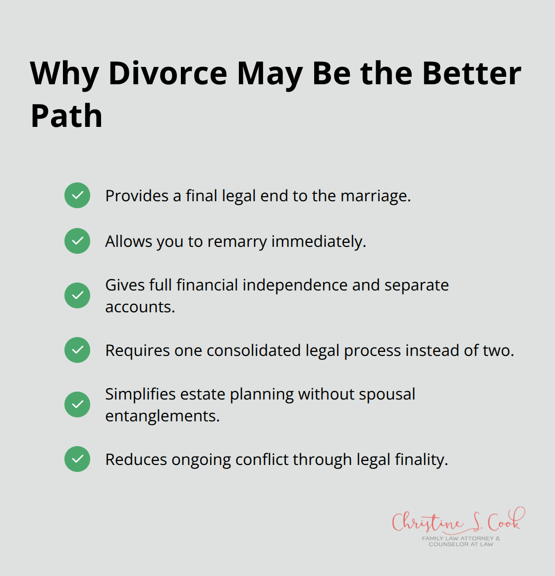 Concise checklist of reasons divorce can be preferable to legal separation in the U.S. - benefits of legal separation versus divorce