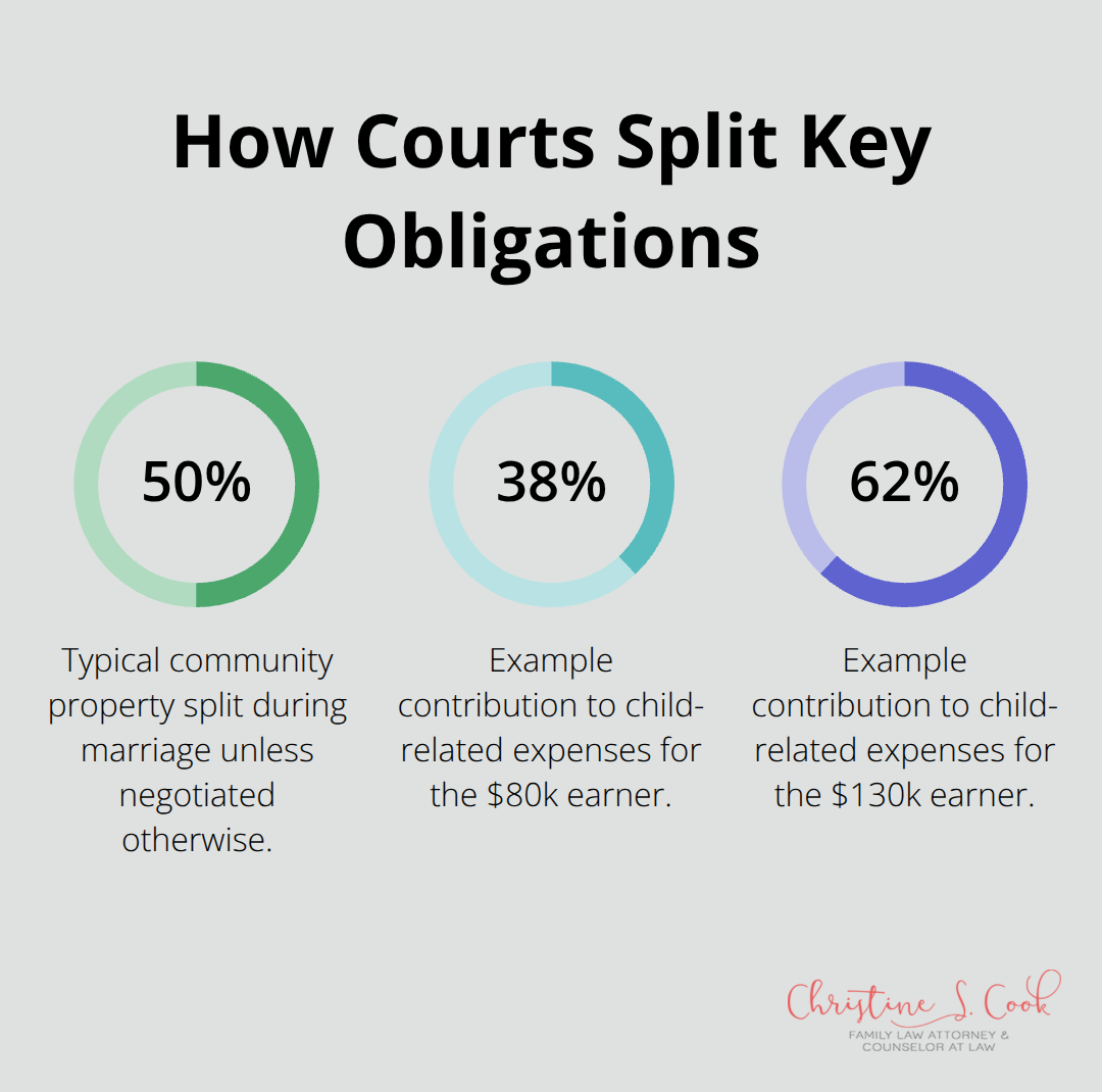 Visual showing 50/50 community property split and a 38%/62% child-related expense split example. - financial separation without divorce
