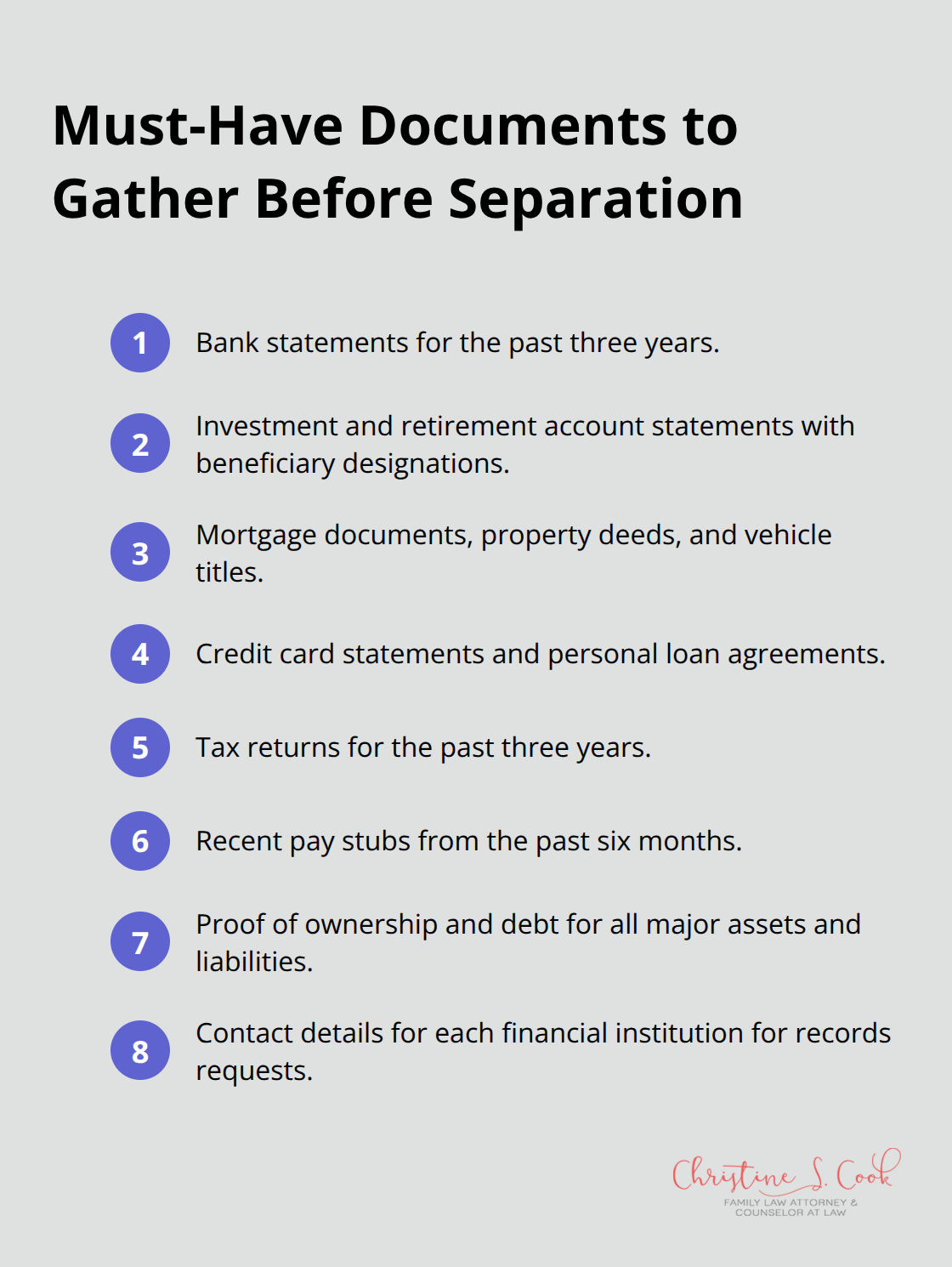 Compact checklist of essential financial records to collect before legal separation.