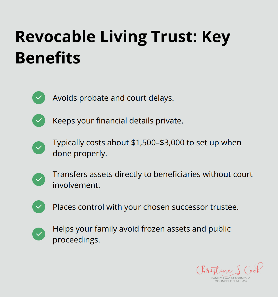 Checkmarked list summarizing the main advantages of a revocable living trust in Florida. - Pensacola estate planning attorney
