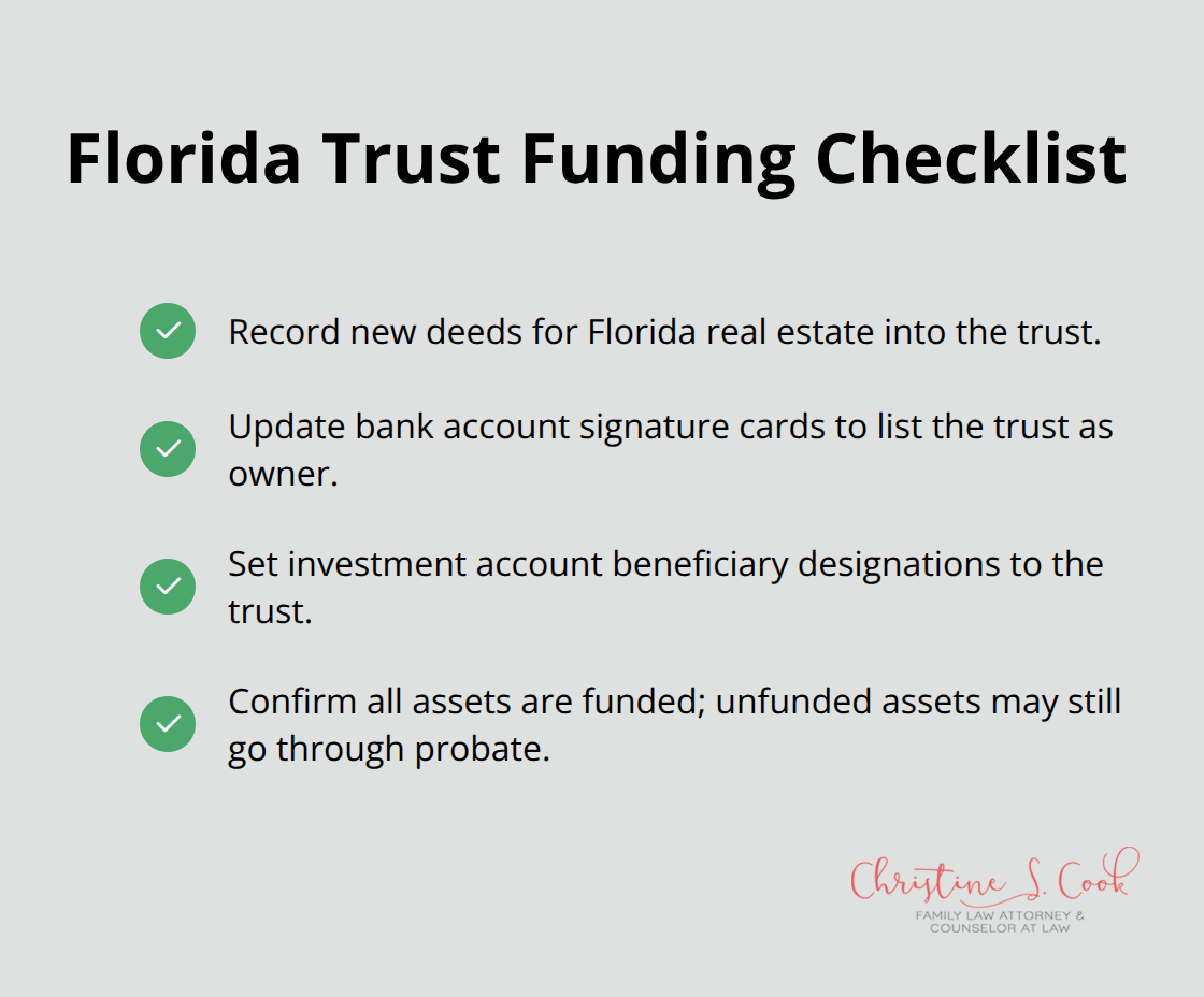 Action items to properly fund a Florida revocable living trust and avoid probate. - Wills trusts Florida overview