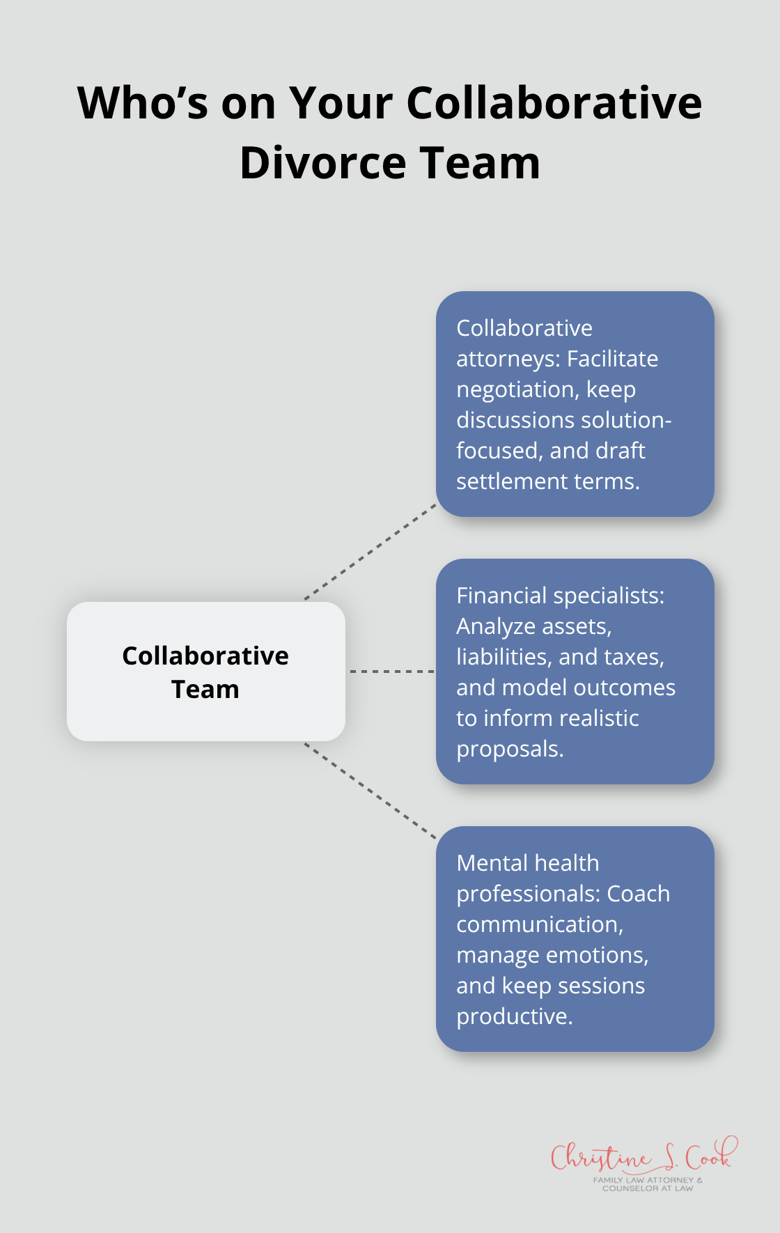 Infographic showing the collaborative divorce team roles and how each supports settlement - collaborative process options