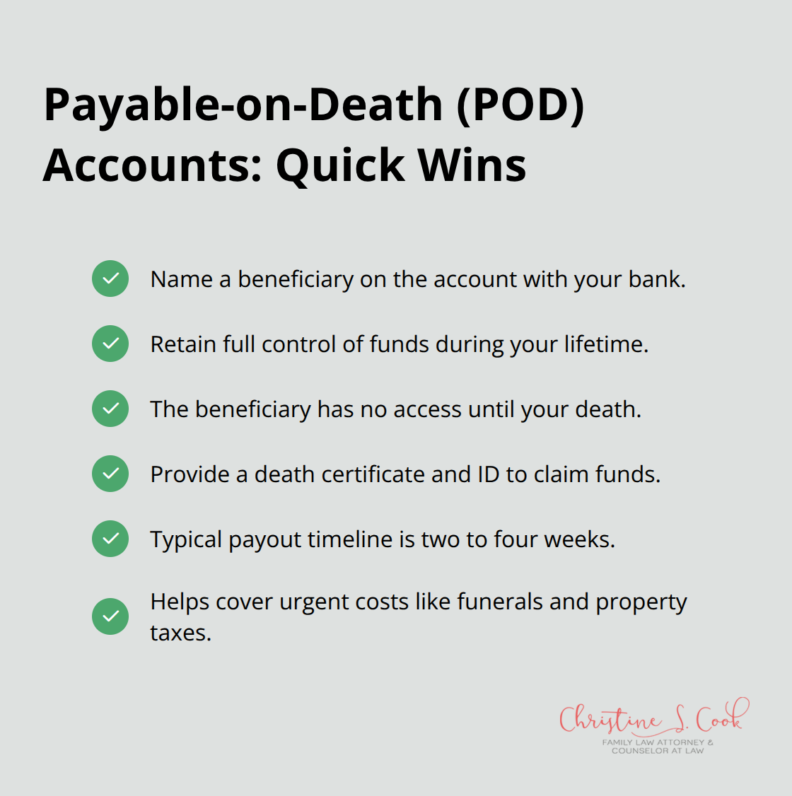 Checklist of steps and benefits for Florida POD bank accounts - Florida probate avoidance tips