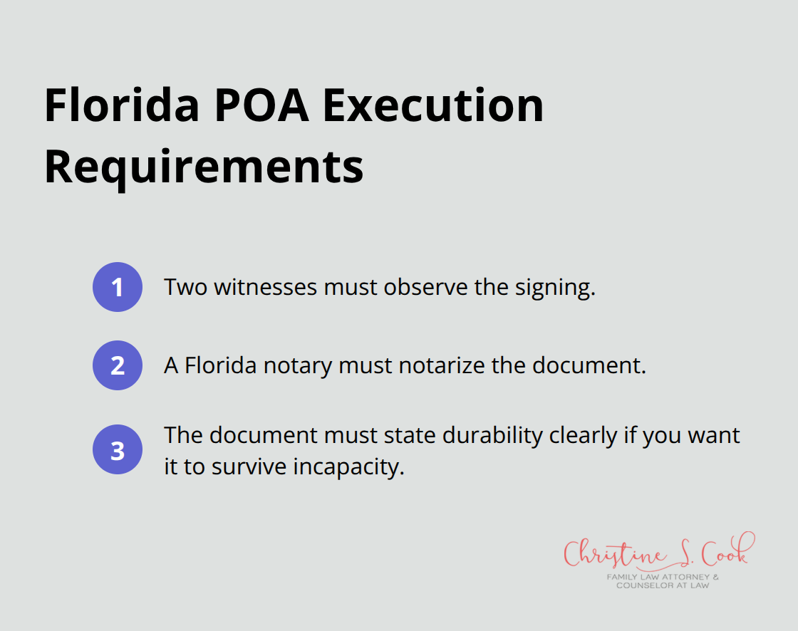 Three key execution requirements for a valid Florida power of attorney: witnesses, notarization, and clear durability language. - Power of attorney Florida