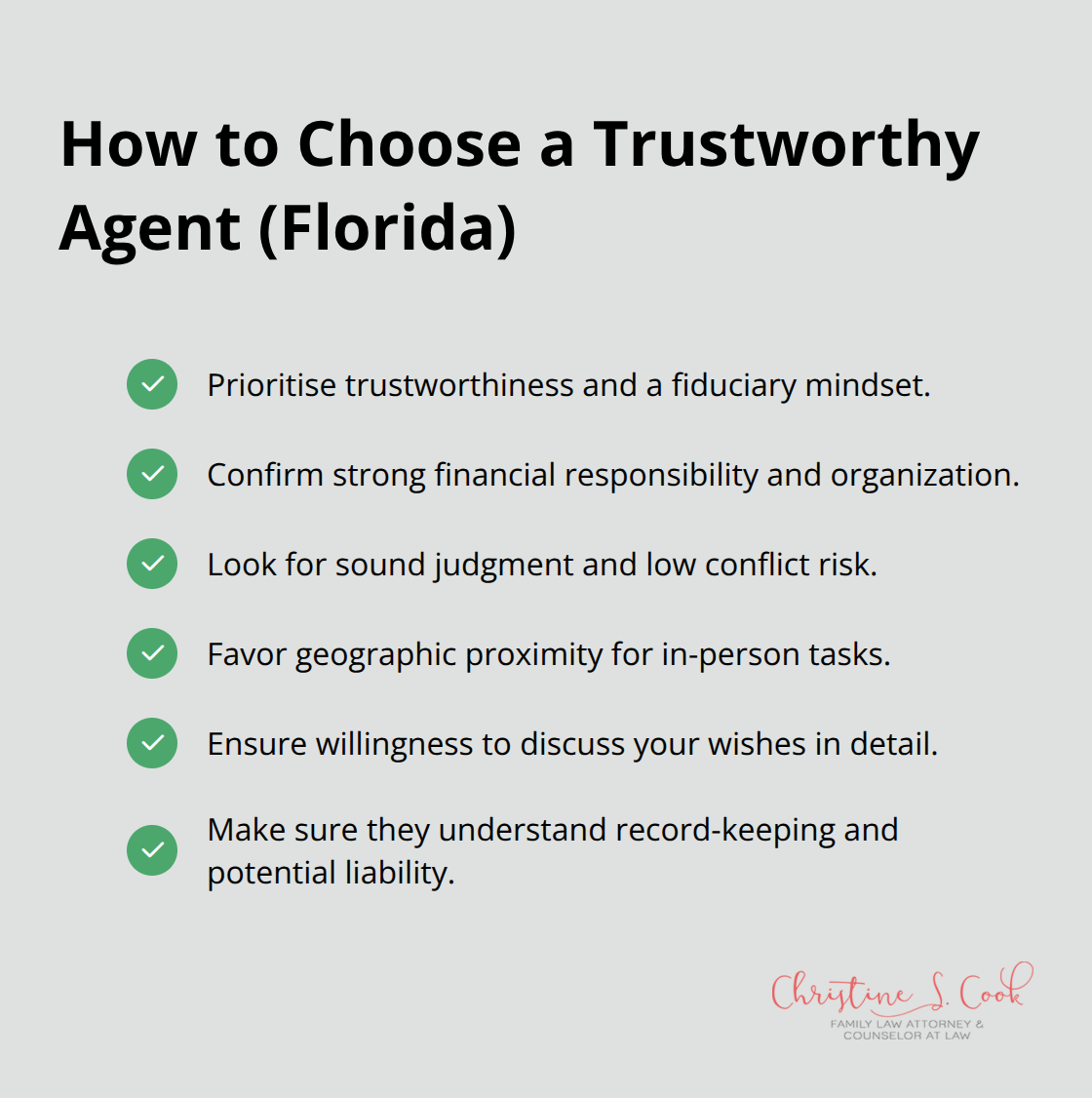 Checklist of qualities for selecting a power of attorney agent in Florida.