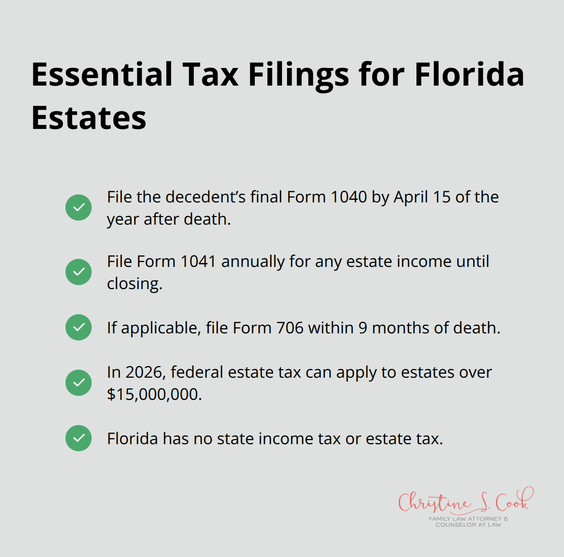 Checklist of required federal tax filings and key tax facts for Florida estates