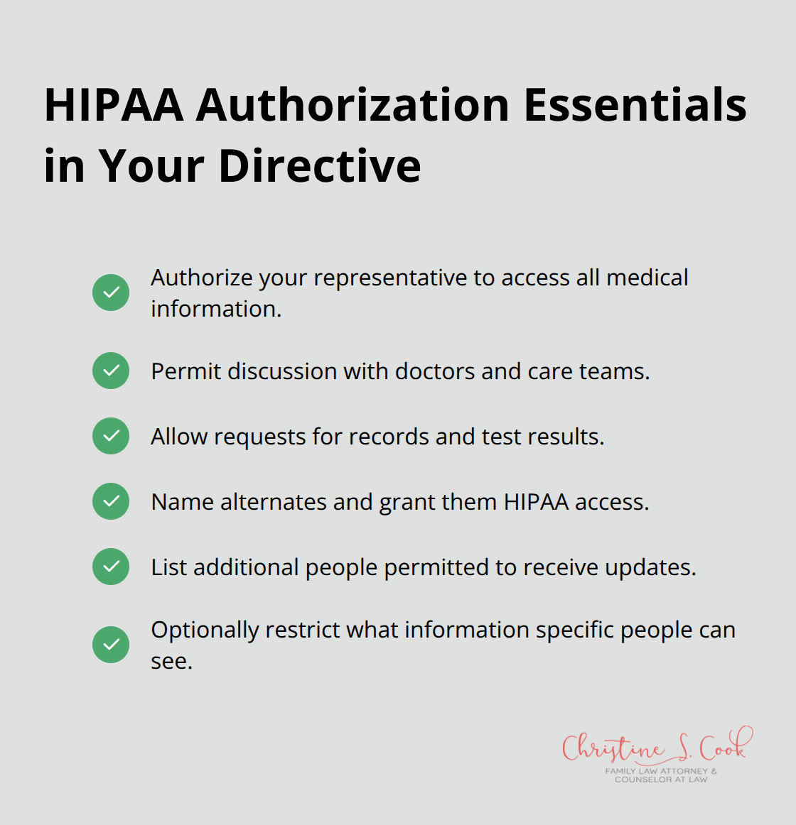 Checklist of key HIPAA authorization elements to include in a healthcare directive. - Healthcare directive Florida