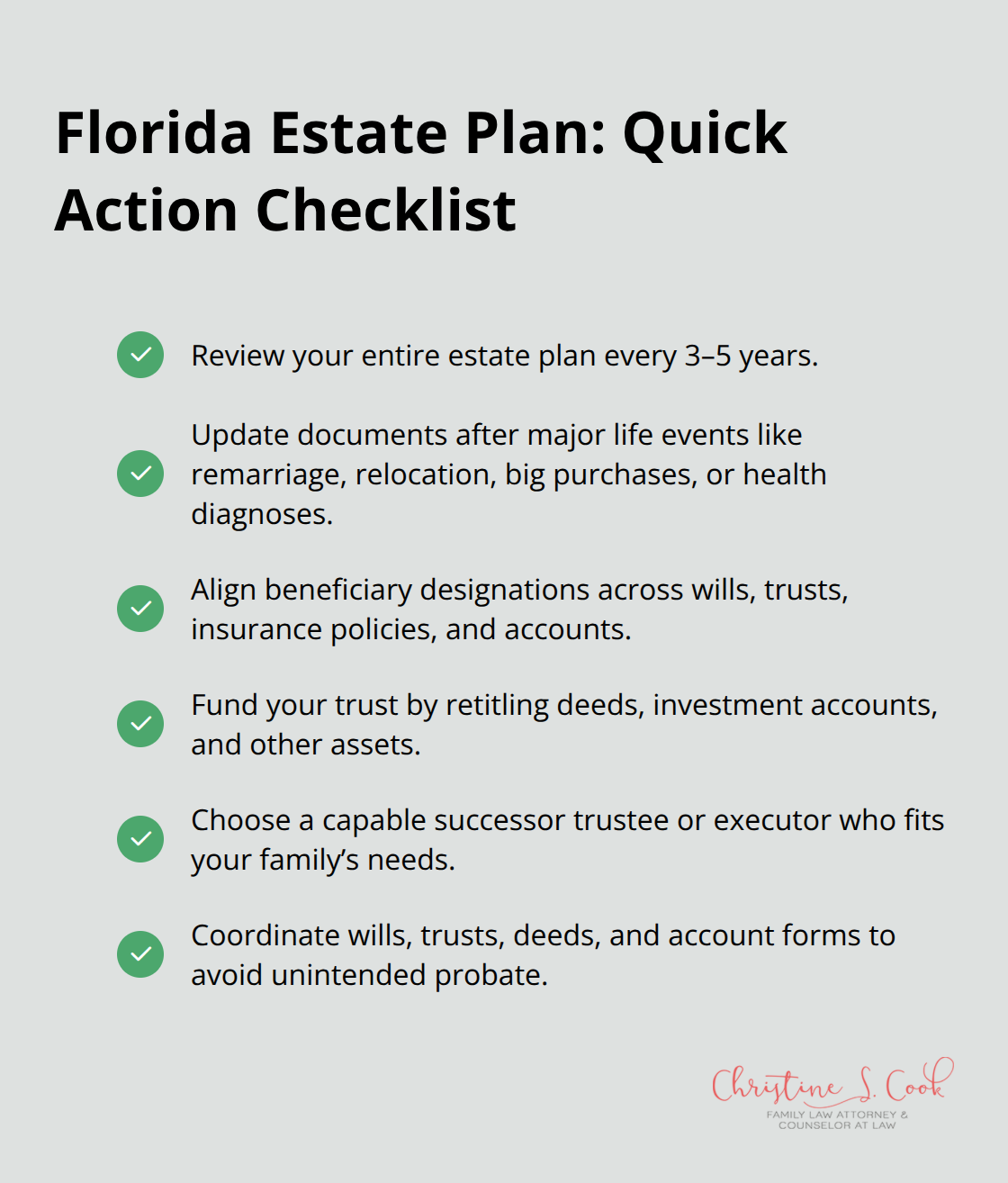 Checkmark list of practical steps to keep a Florida estate plan current and effective