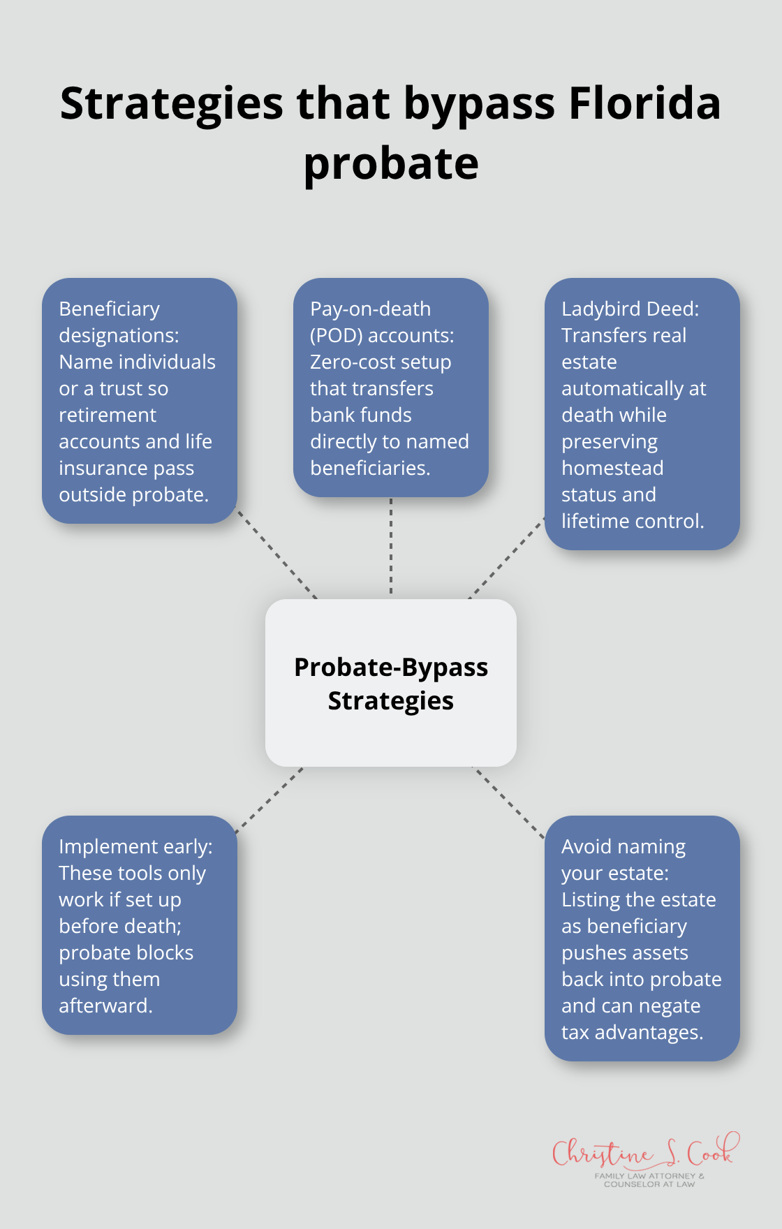 Hub-and-spoke visualization of probate-bypass strategies for Florida families.